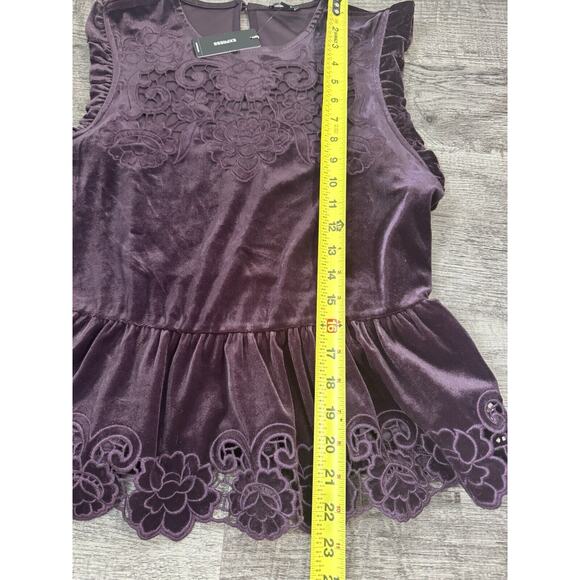 Express Velvet Crew Neck Lace Embroidered Peplum Top Size Medium Merlot $78 - Picture 9 of 11